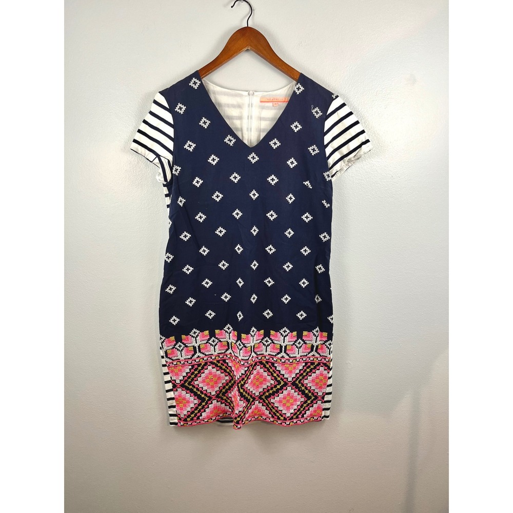 Vilagallo Navy Striped Embroidered V-Neck Shift Dress Size 40